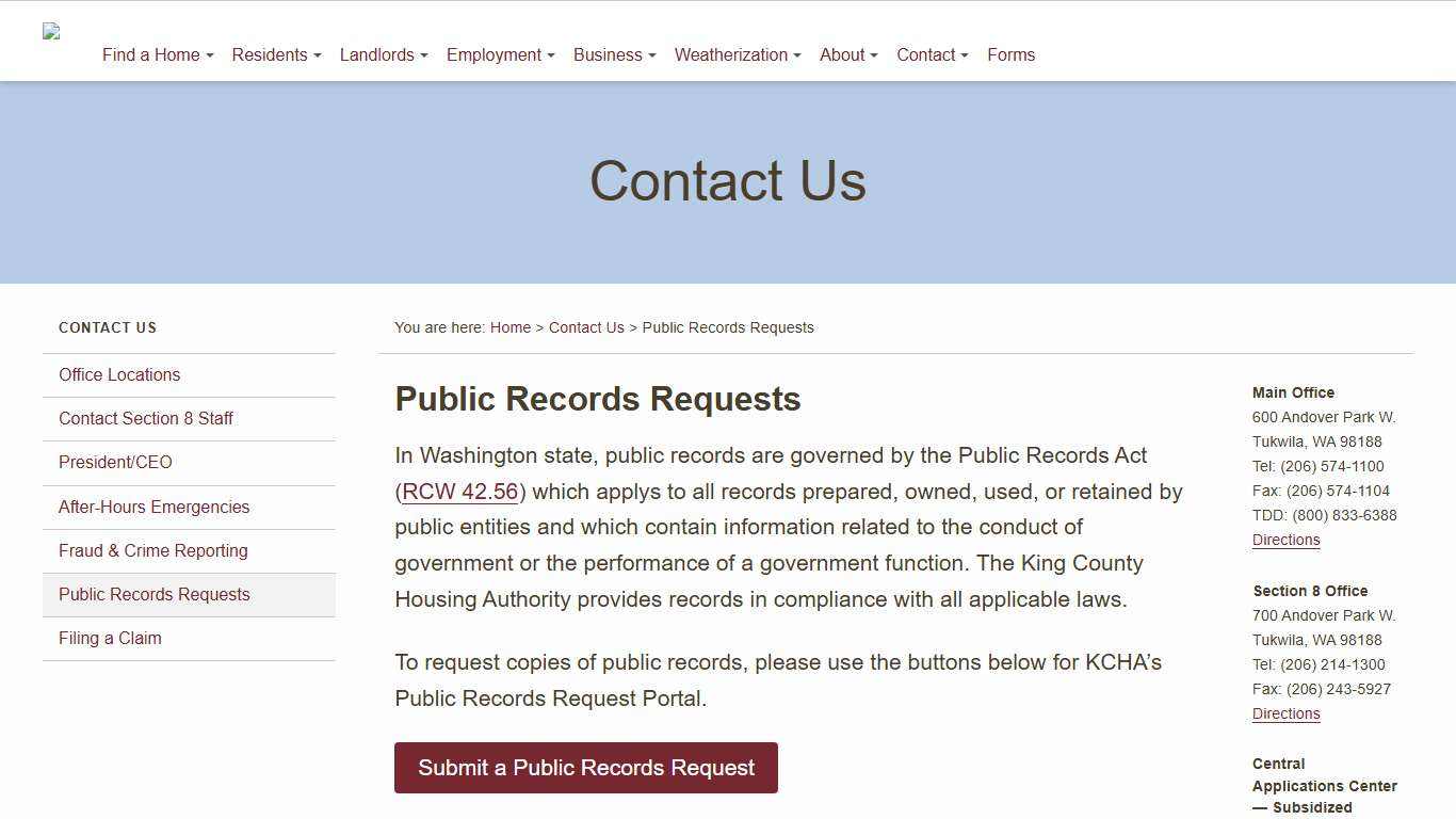 King County Housing Authority > Contact Us > Public Records Requests